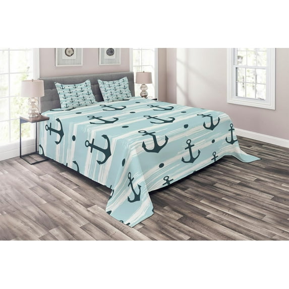Ambesonne Modern Quilted Coverlet 3 Pcs, Pattern with Anchors, Queen Size, Pale Blue Dark Green