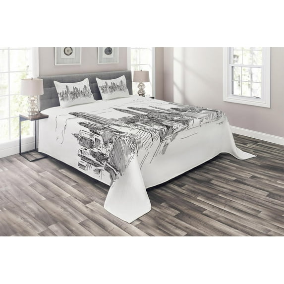 Ambesonne Modern Quilted Coverlet 3 Pcs, Sketchy NYC Cityscape, King Size, Grey White