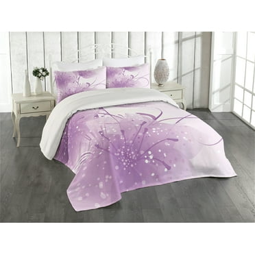 Ambesonne Modern Quilted Coverlet 3 Pcs, Swirling Ornaments Dots Art, King Size, Pale Purple and White