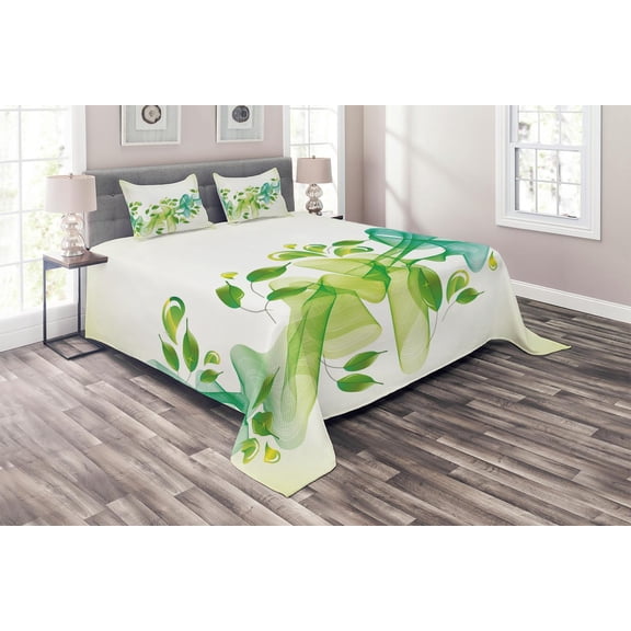 Ambesonne Modern Quilted Coverlet 3 Pcs, Wavy Floral Design Digi Art, Queen Size, Yellow Green and Blue