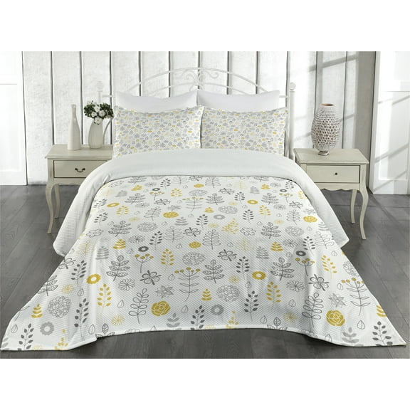 Ambesonne Modern Quilted Coverlet 3 Pcs, Wild Forest Leaf Flowers, Queen Size, Grey Mustard White