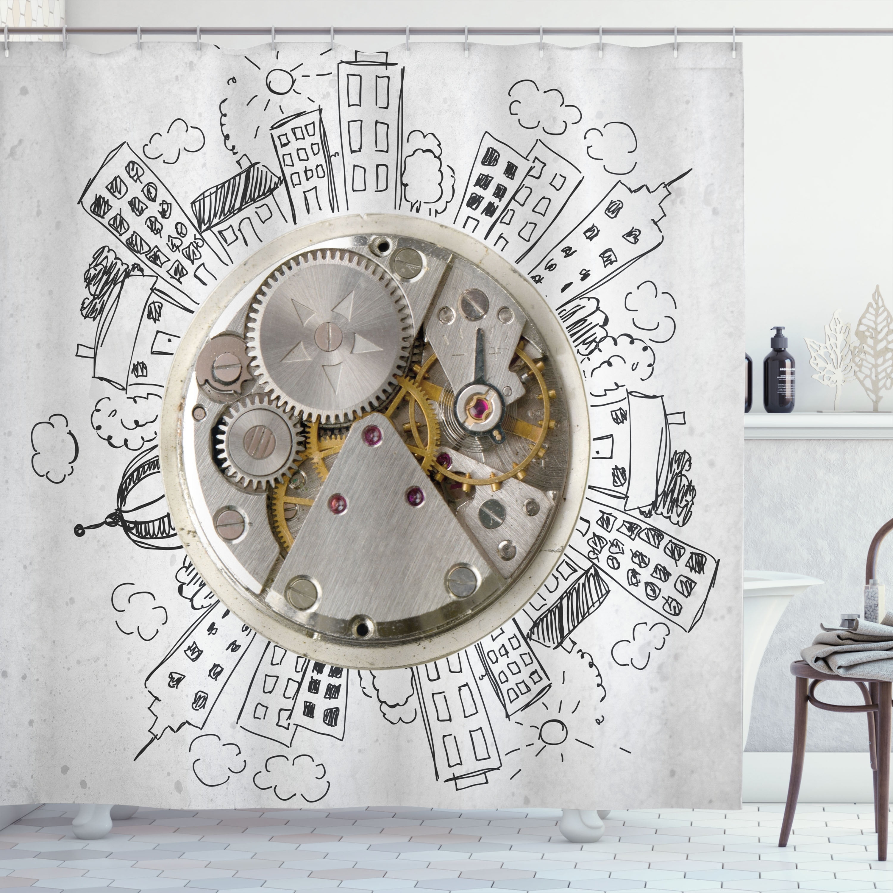 Ambesonne Modern Shower Curtain, Alarm Clock with Clouds, 69"Wx84"L, Pale Grey