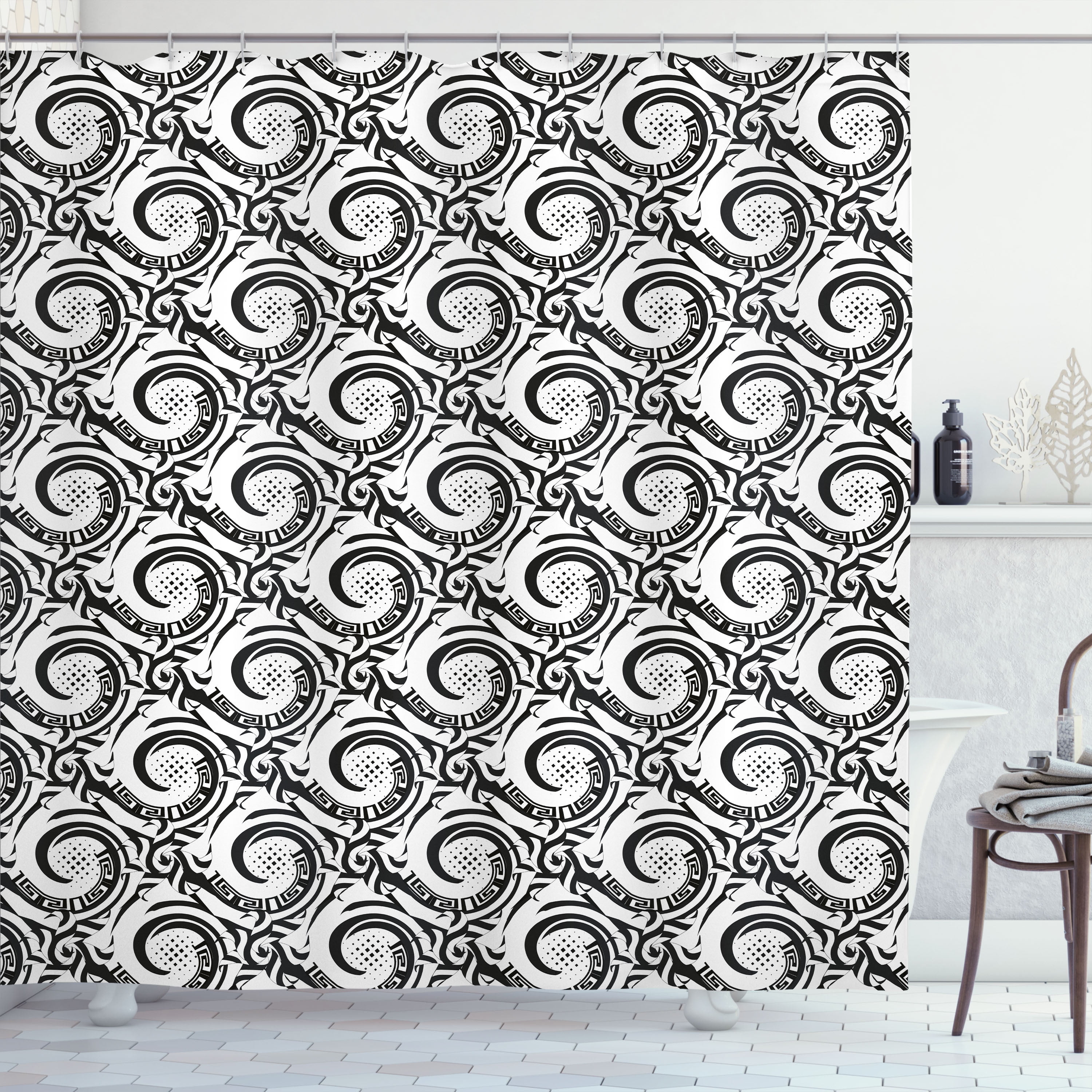 Charcoal Grey and White Circle Brush Stroke Shower Curtain