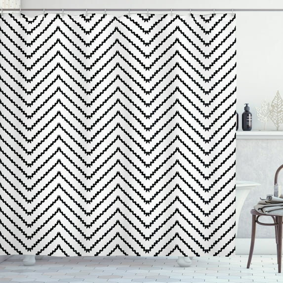 Ambesonne Modern Shower Curtain, Zig Zag Triangle Print, 69"Wx70"L, White Black