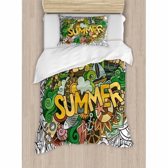 Ambesonne Modern Summer Typography over Tropical Sun Objects Fishes Anchor Marine Sea Boat Graphic Duvet Cover Set