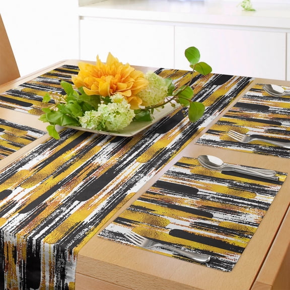 Ambesonne Modern Table Runner & Placemats, Grunge Art Brushstrokes, Placemat 4 pcs + Runner 12"x90", Earth Yellow Black