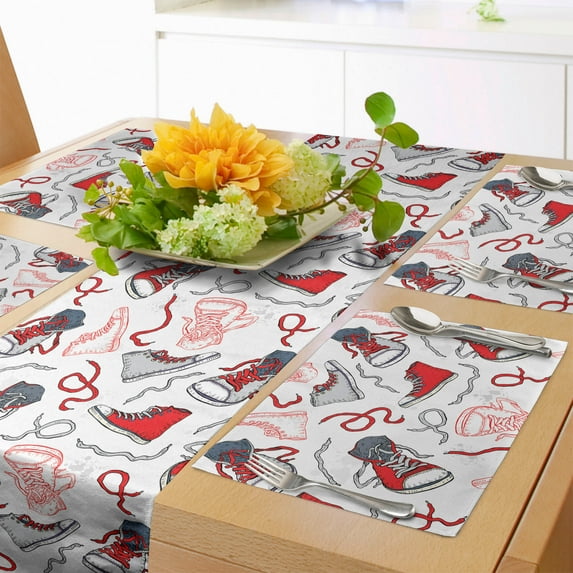 Ambesonne Modern Table Runner & Placemats, Sport Shoes Sneakers, Placemat 4 pcs + Runner 16"x72", Vermilion White Grey