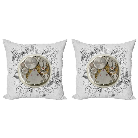 Ambesonne Modern Throw Pillow Cover 2 Pack, Alarm Clock with Clouds, 24", Pale Grey