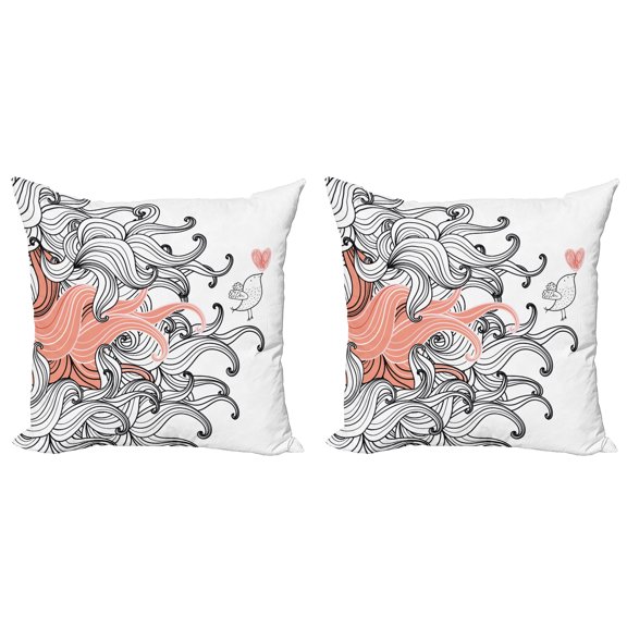 Ambesonne Modern Throw Pillow Cover 2 Pack, Graphic Swirls Wave Bird, 16", Coral Black and White