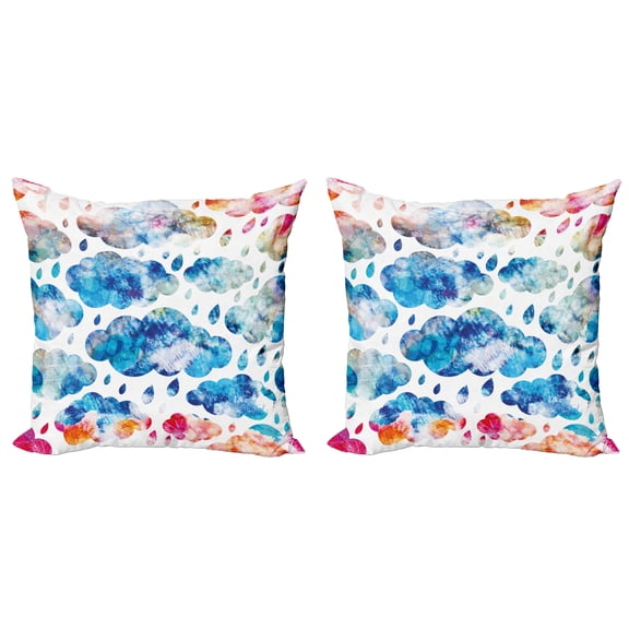 Ambesonne Modern Throw Pillow Cover 2 Pack, Rainy Clouds and Raindrops, 24", Blue Pink Orange