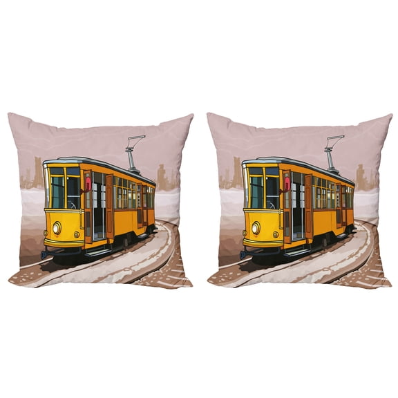 Ambesonne Modern Throw Pillow Cover 2 Pack, Train on Rail Roads, 24", Yellow and Pale Brown
