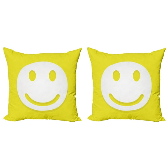 Ambesonne Modern Throw Pillow Cover 2 Pack, Yellow Positive Smiling Face, 16", Yellow and White