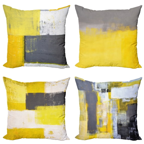 Ambesonne Modern Throw Pillow Cover 4 Pack, Abstract Grunge Squares Art, 18", Yellow and Grey