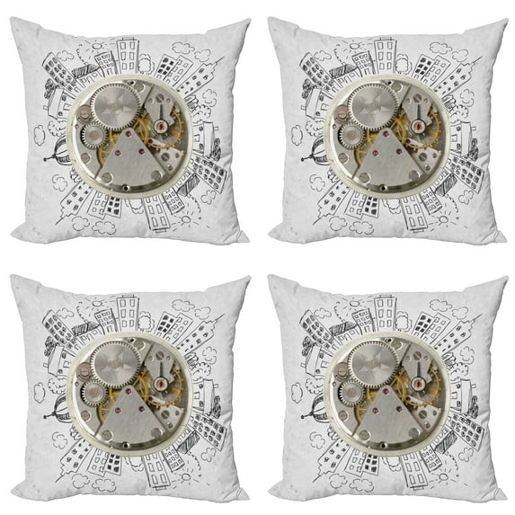 Ambesonne Modern Throw Pillow Cover 4 Pack, Alarm Clock with Clouds, 20", Pale Grey