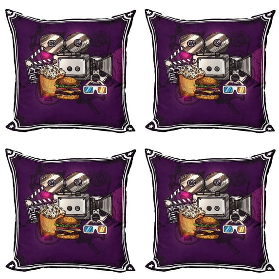 Ambesonne Modern Throw Pillow Cover 4 Pack, Burgers Popcorns Cinema, 20", Purple Earth Yellow