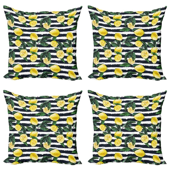 Ambesonne Modern Throw Pillow Cover 4 Pack, Fresh Lemons Striped, 18", Hunter Green Indigo