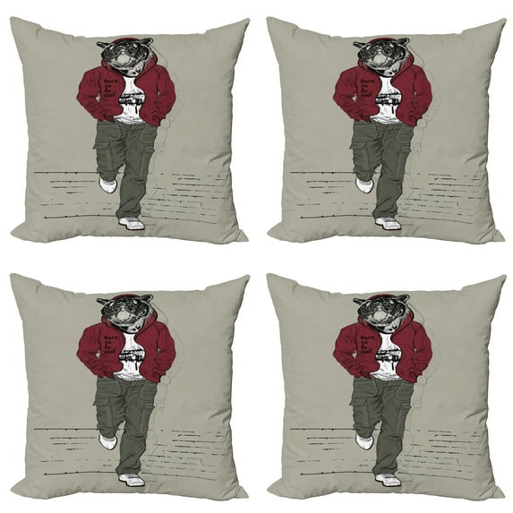 Ambesonne Modern Throw Pillow Cover 4 Pack, Lion Tiger Head Teenager, 18", Ruby Sage Green Black
