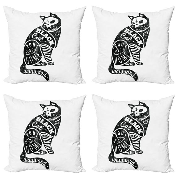 Ambesonne Modern Throw Pillow Cover 4 Pack, Magic Skull Cat Drawing, 18", Black and White