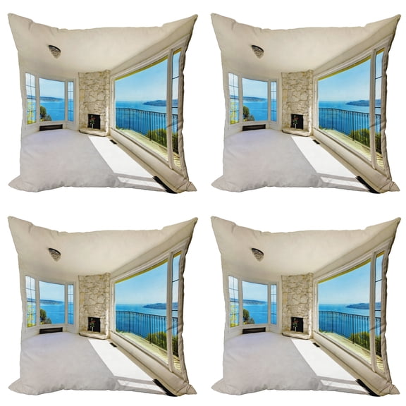 Ambesonne Modern Throw Pillow Cover 4 Pack, Ocean Nature Forest View, 18", White and Blue