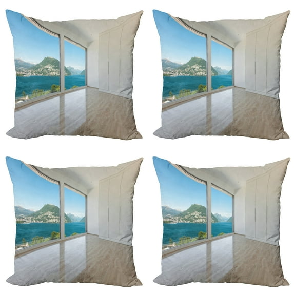 Ambesonne Modern Throw Pillow Cover 4 Pack, Penthouse Interior View, 18", White Blue Beige