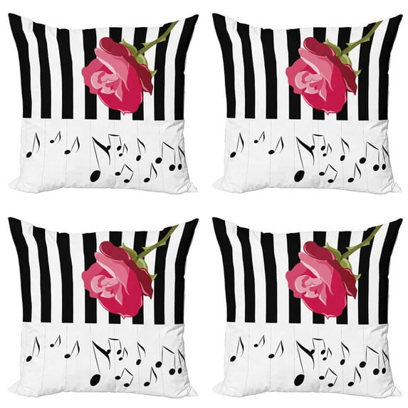 Ambesonne Modern Throw Pillow Cover 4 Pack, Red Rose on the Piano, 20", Pink Black White