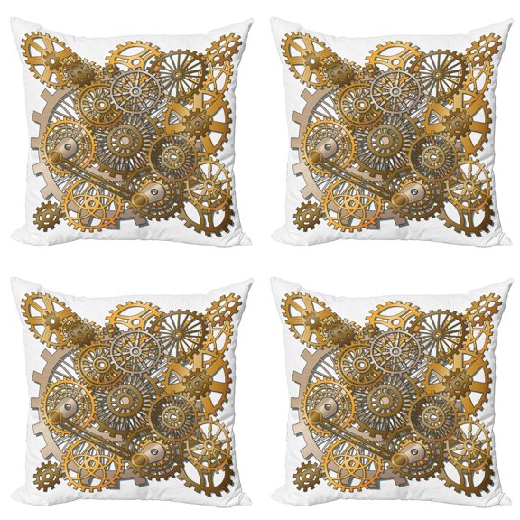 Ambesonne Modern Throw Pillow Cover 4 Pack, Steampunk Gears Design, 24", Pale Orange Brown