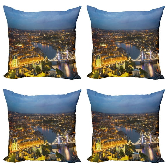 Ambesonne Modern Throw Pillow Cover 4 Pack, Sunset at London City, 18", Yellow Bluegrey