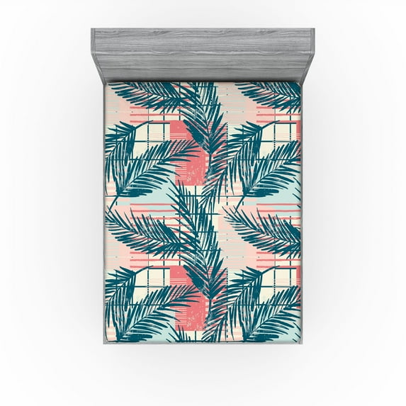 Ambesonne Modern Tropical Fitted Sheet, Art Exotics Leafy, Queen Size, Dark Sky Blue Dark Coral