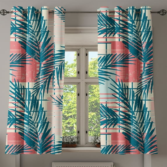 Ambesonne Modern Tropical Grommet Curtain, Art Exotics Leafy, 50"x60", Dark Sky Blue Dark Coral