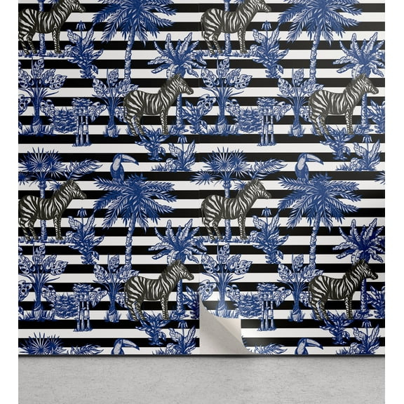 Ambesonne Modern Tropical Peel & Stick Wallpaper for Home, Zebra Toucan Stripe, 13"x36", Grey Black Violet Blue