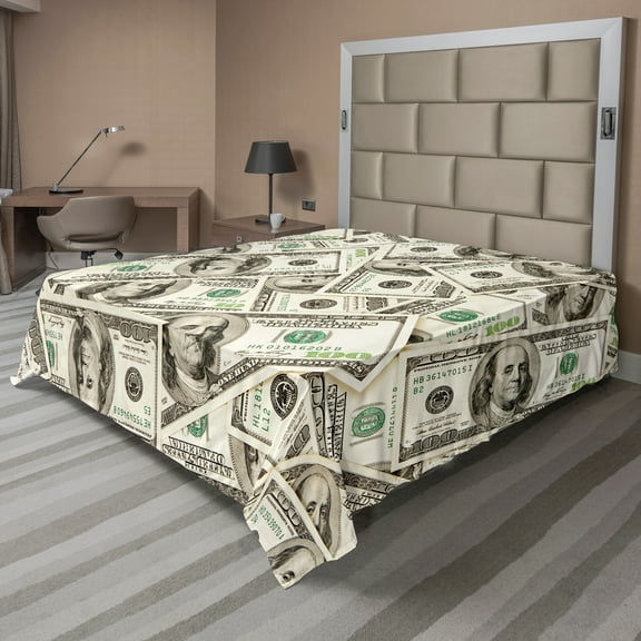 Ambesonne Money Flat Sheet, Ben Franklin Portrait Wealth, California King, Pale Green Grey