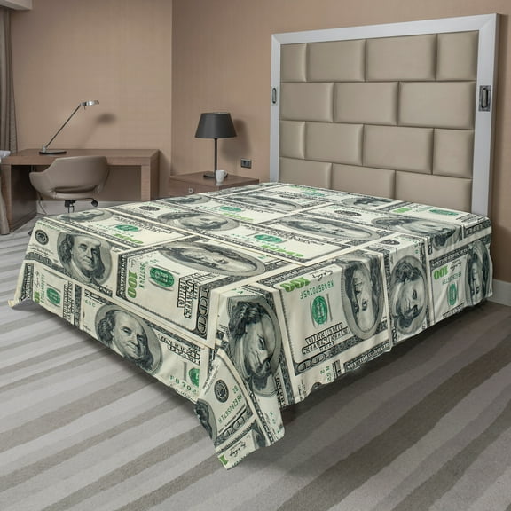Ambesonne Money Flat Sheet, Bills with Ben Franklin, California King, Pale Green Grey