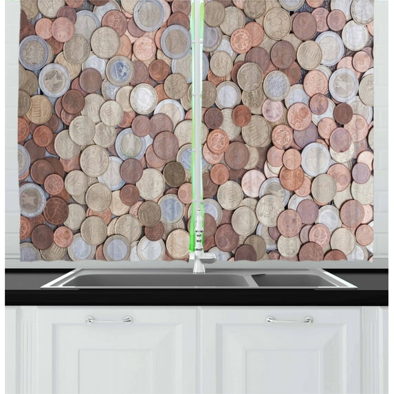 Ambesonne Money Kitchen Curtains, Euros and Cent Coins, 55"x39", Umber Grey Yellow