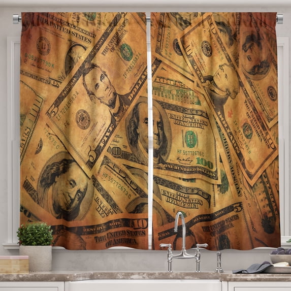 Ambesonne Money Kitchen Curtains, Fiver Sawbuck and C-Note, 55"x39", Pale Green Brown