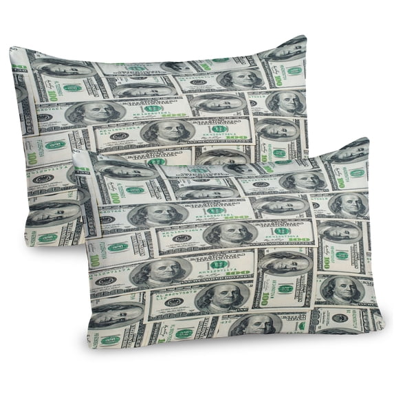 Ambesonne Money Pillow Sham 2 Pack, Bills with Ben Franklin, 30"x20", Pale Green Grey