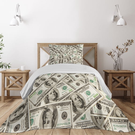 Ambesonne Money Quilted Coverlet 2 Pcs, Ben Franklin Portrait Wealth, Twin Size, Pale Green Grey