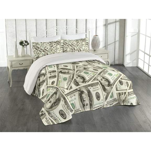 Ambesonne Money Quilted Coverlet 3 Pcs, Ben Franklin Portrait Wealth, King Size, Pale Green Grey