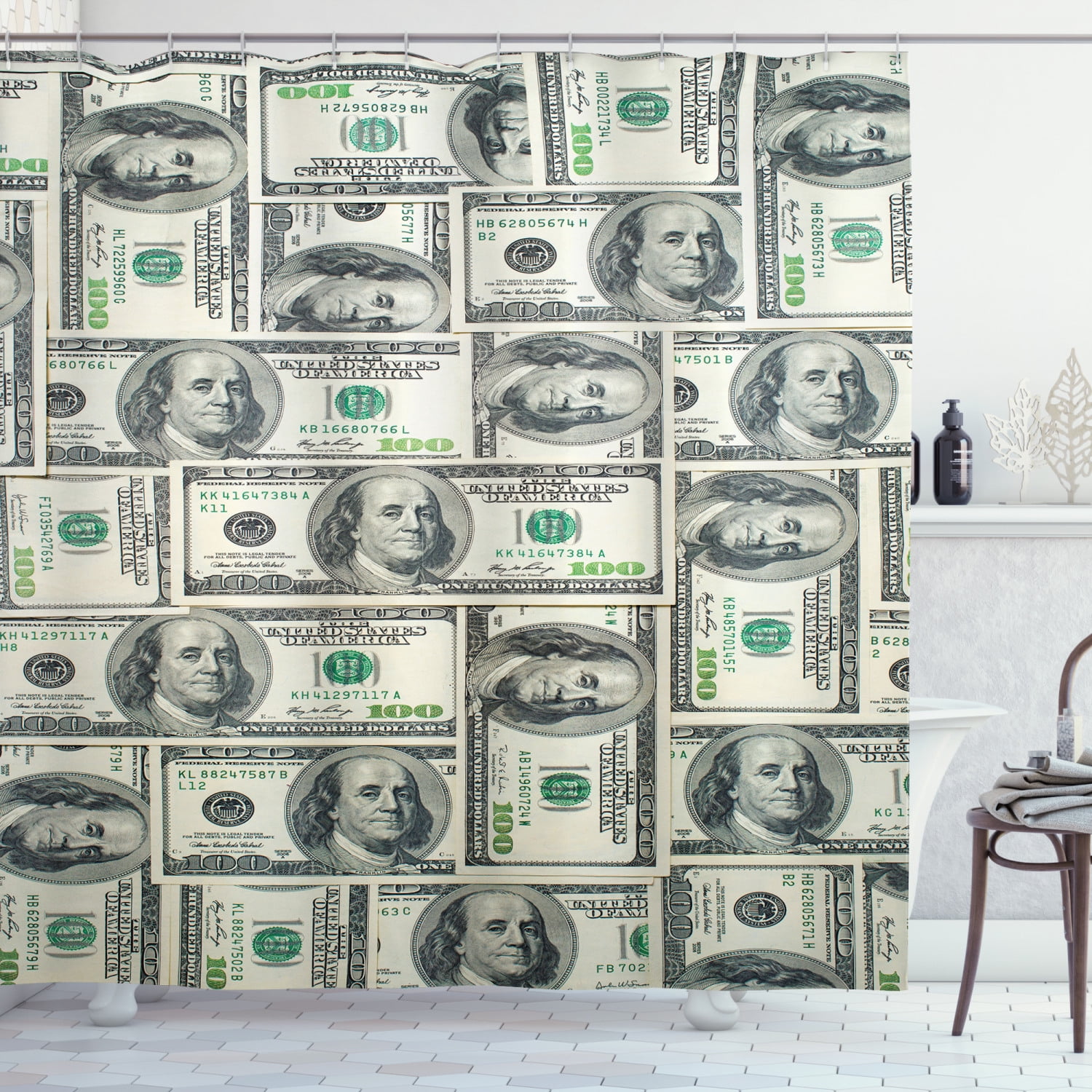 Ambesonne Money Shower Curtain, Bills with Ben Franklin, 69"Wx70"L, Pale Green Grey