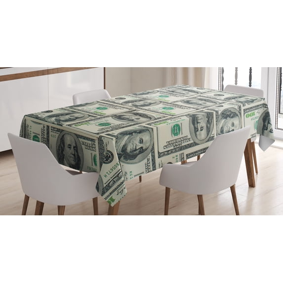Ambesonne Money Tablecloth Rectangular Table Cover, Bills with Ben Franklin, 60"x90", Pale Green Grey