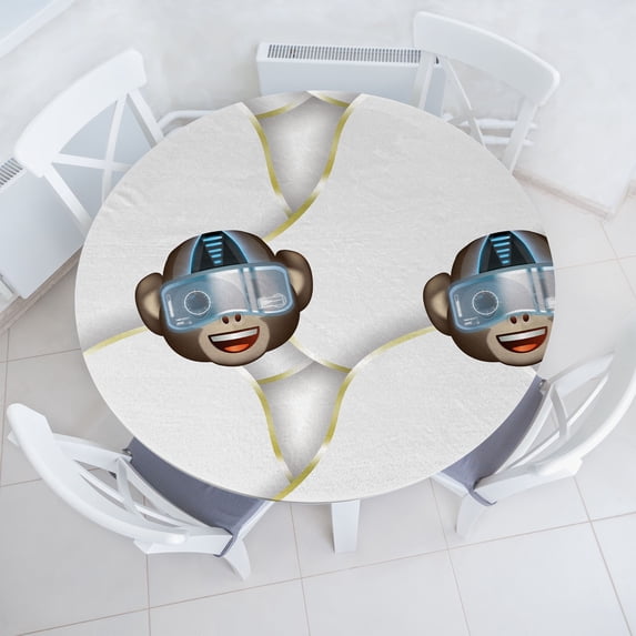 Ambesonne Monkey Emoji Fitted Round Tablecloth, Futuristic Cyber Faces, 45"- 56" Diameter, Coconut Umber Pale Blue
