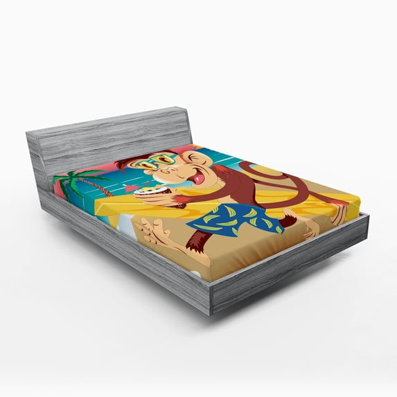 Ambesonne Monkey Fitted Sheet, Hipster Holiday, Queen Size, Multicolor