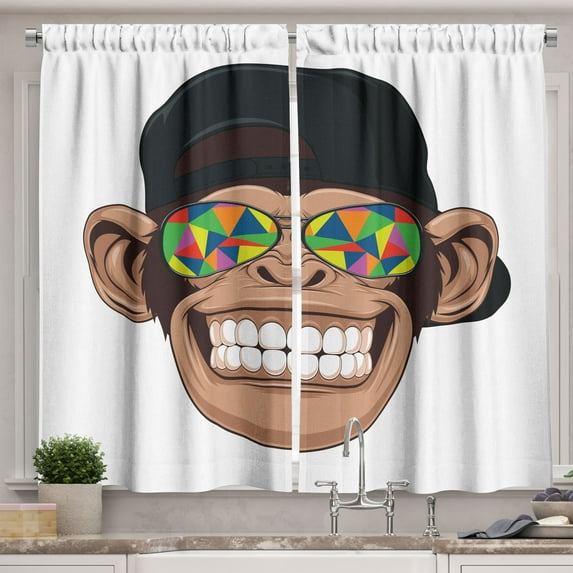 Ambesonne Monkey Kitchen Curtains, Funny Hipster Animal, 55"x36", Multicolor