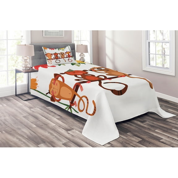 Ambesonne Monkey Quilted Coverlet 2 Pcs, Animals Sitting Branch, Twin Size, Multicolor