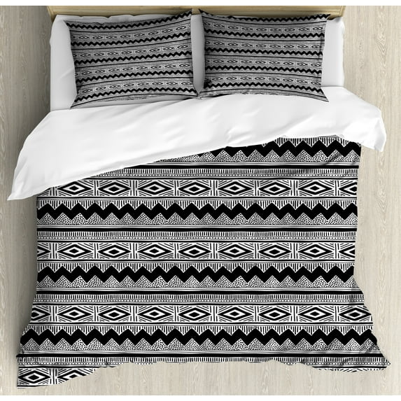 Ambesonne Monochrome Duvet Cover Sets, Zİgzags Native Details, 2-King, Charcoal Grey and White