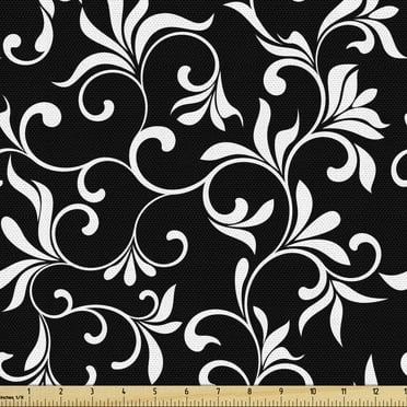 Ambesonne Monochrome Fabric by the Yard Upholstery, Swirls Leaves Foliage, 2 Yards, Charcoal Grey White