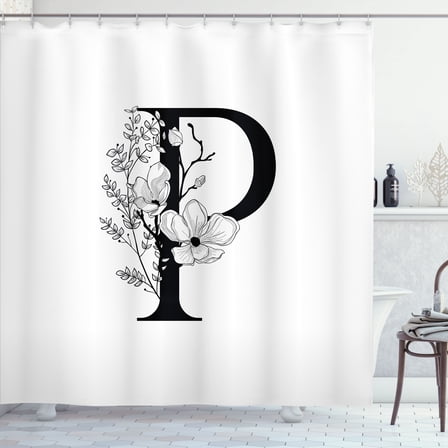 Ambesonne Monogram Shower Curtain, Cherry Blossom Letter P, 69"Wx75"L, Charcoal Grey and White
