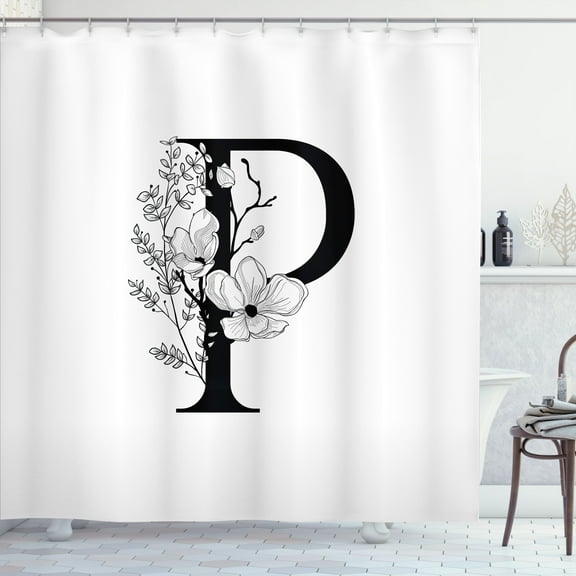 Ambesonne Monogram Shower Curtain, Cherry Blossom Letter P, 69"Wx75"L, Charcoal Grey and White