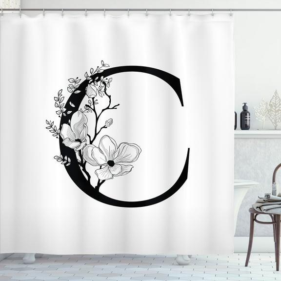 Ambesonne Monogram Shower Curtain, Letter C with Flowers Art, 69"Wx75"L, Charcoal Grey White