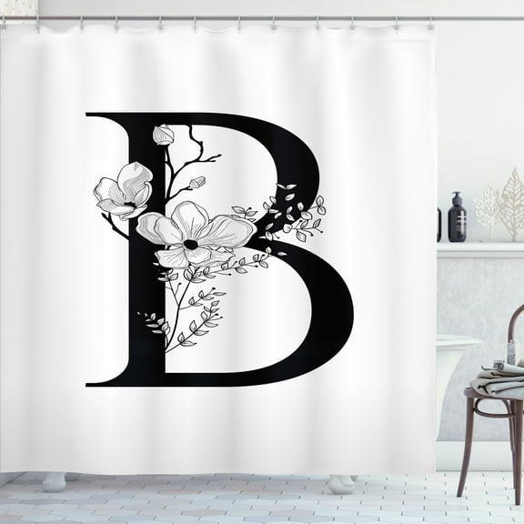 Ambesonne Monogram Shower Curtain, Vintage Retro Letter R Art, 69"Wx84"L, Charcoal Grey White