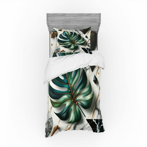 Ambesonne Monstera Bedding Set 3 Pcs, Abstract Mid Century Art, Twin, Fern Green Teal and Pale Grey